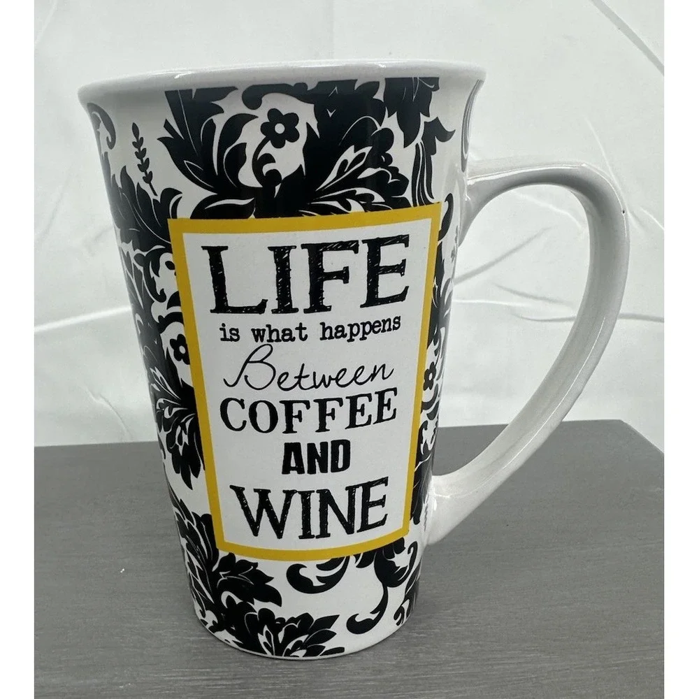 Pier 1 Stoneware Mug 24z tall novalty funny cup latte black damask Retro Revival